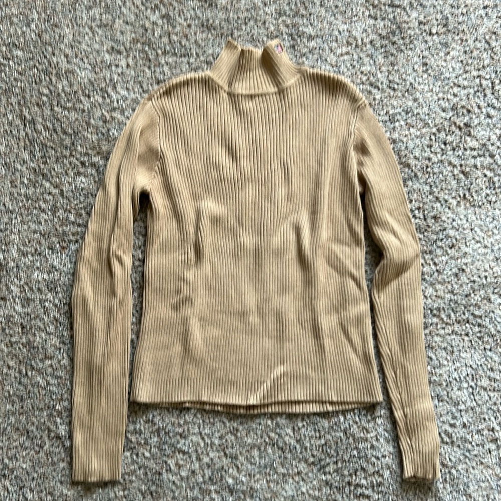 Polo by Ralph Lauren Ribbed Mock Neck Top in Camel Tan
